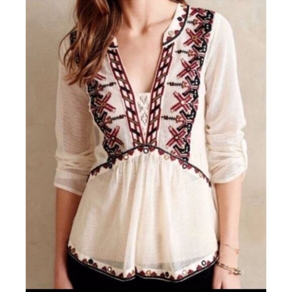 Anthropologie akemi & kin embroidered tunic top BOHO Medium Aztec‎ Print Beige - Picture 1 of 6